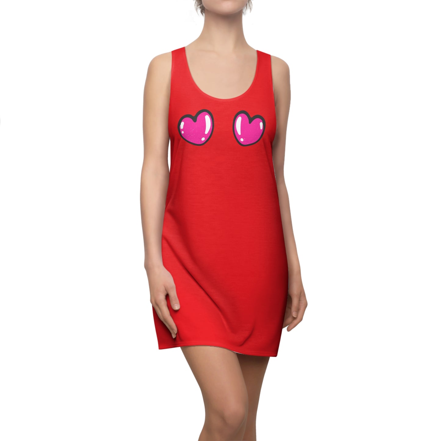 Rotes Racerback Kleid mit pinken Comic Herzen
