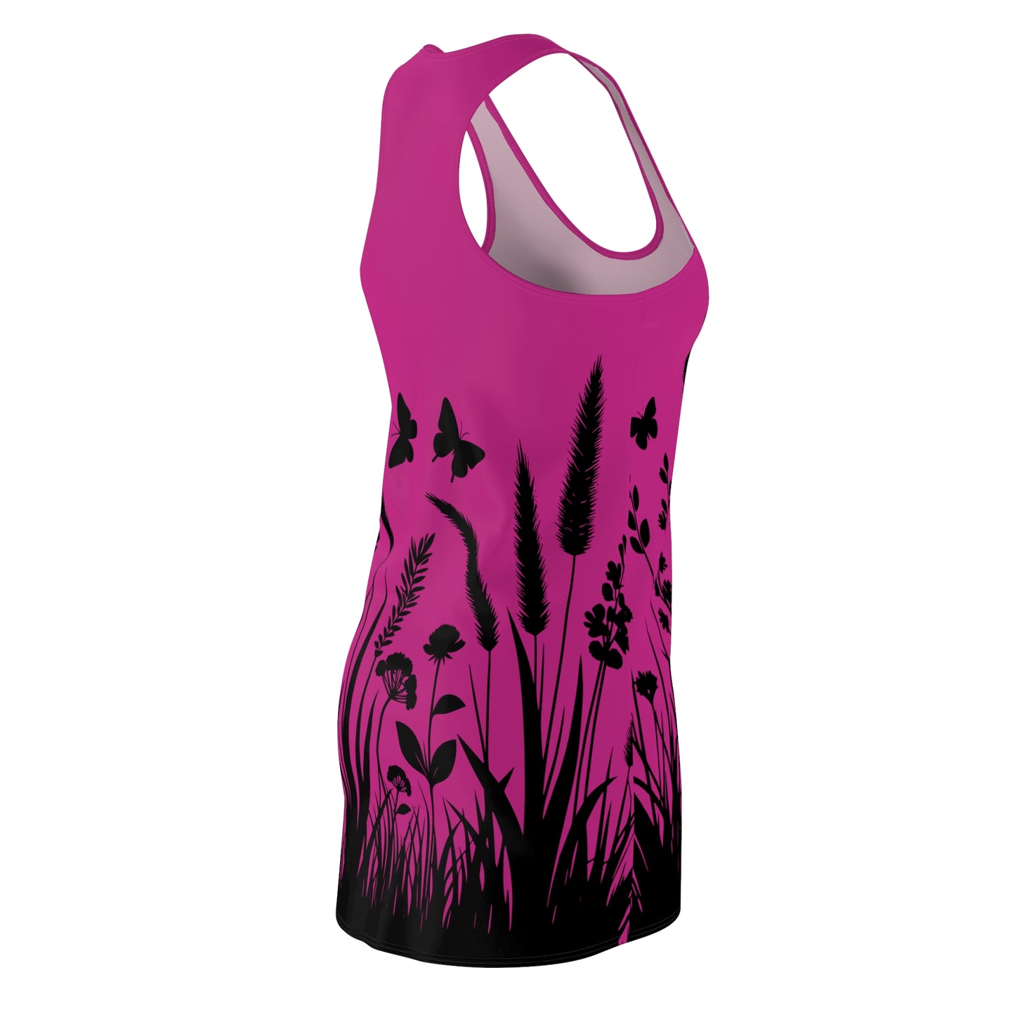 Pinkes Naturmuster Racerback Kleid – Schmetterling & Blumen Design