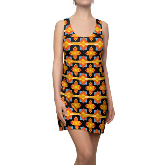 Damen Racerback Kleid gelb schwarz mit geometrischem Muster Sommerkleid