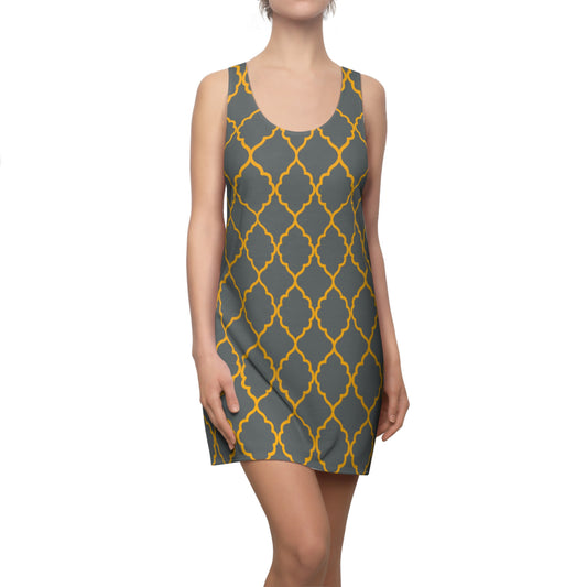 Dunkel graues Racerback Kleid mit goldenem Ornamentmuster