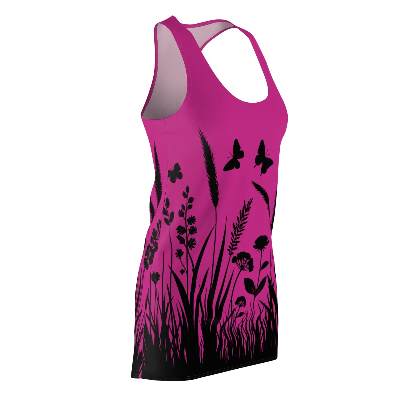 Pinkes Naturmuster Racerback Kleid – Schmetterling & Blumen Design