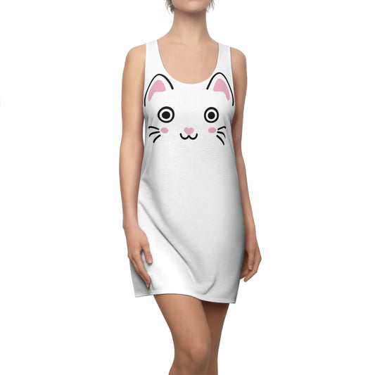 Weißes Racerback Kleid mit Kawaii Katzenface Design