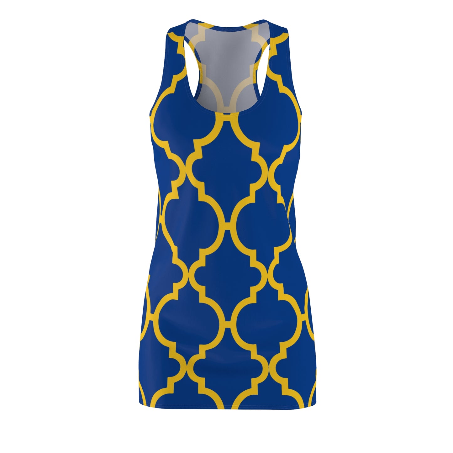 Blaues Racerback Kleid mit gelbem Ornamentmuster