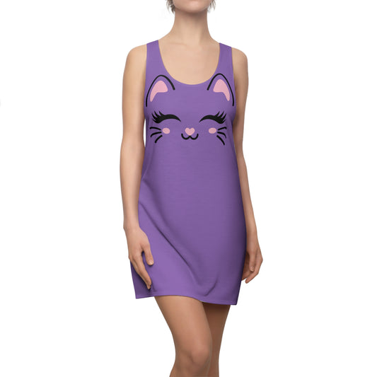 Racerback Kleid mit Cute Katzenmotiv in violett
