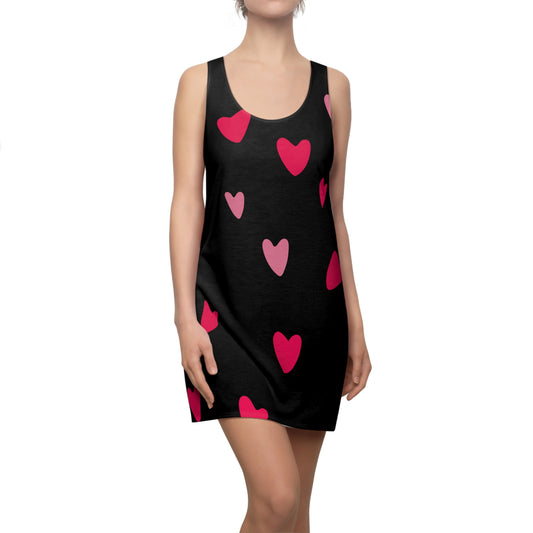 Damen, Racerback Kleid, Schwarz, Pinke Herzen, Sommer, Freizeitkleid