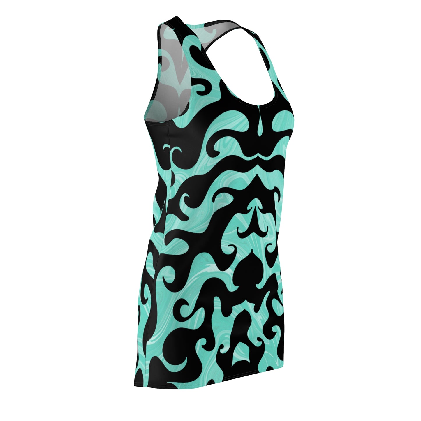 Racerback Kleid mit türkisem Marmormuster und schwarzem Ornamentdesign