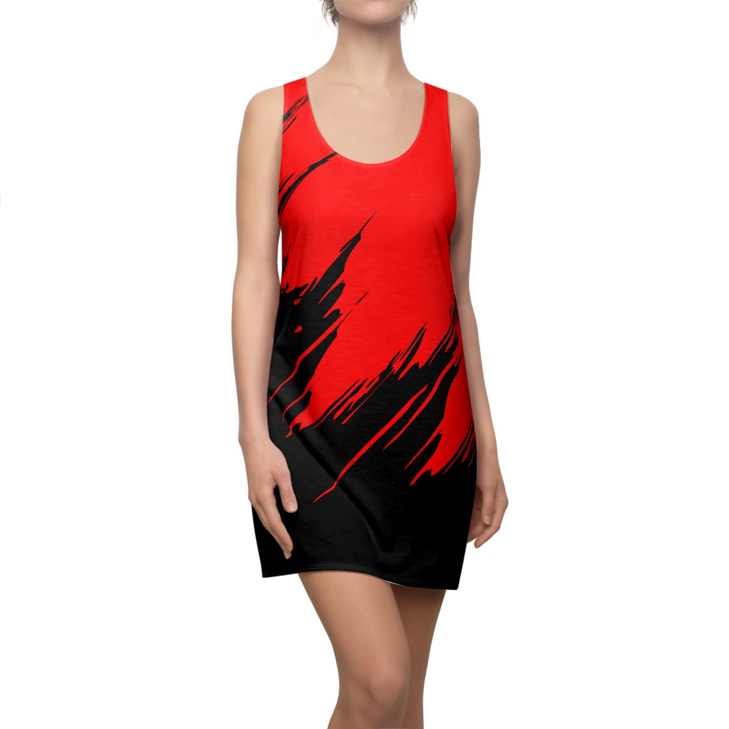 Rotes Racerback Kleid mit schwarzem Brushstroke-Design