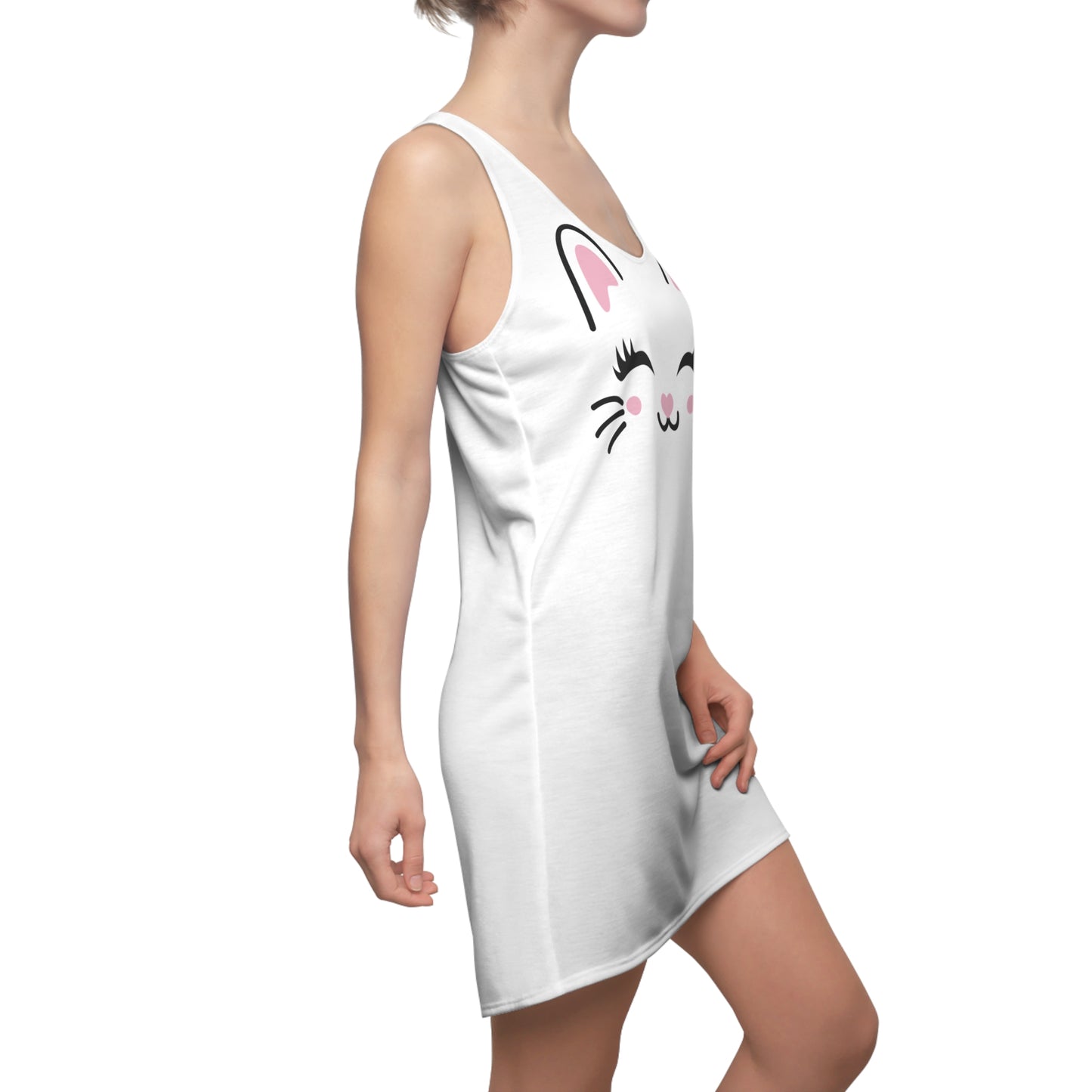Racerback Kleid mit Cute Katzenmotiv in Weiß