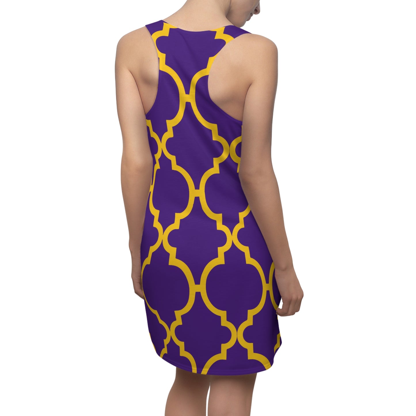 Violettes Racerback Kleid mit gelbem Ornamentmuster