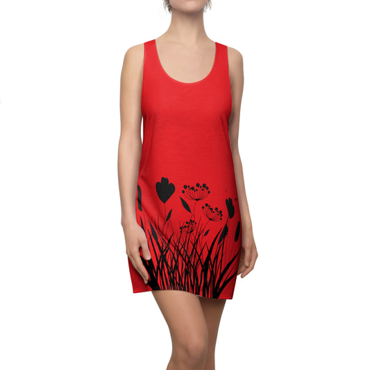 Schwarz Rot Blumen Racerback Kleid – Elegantes Sommerkleid