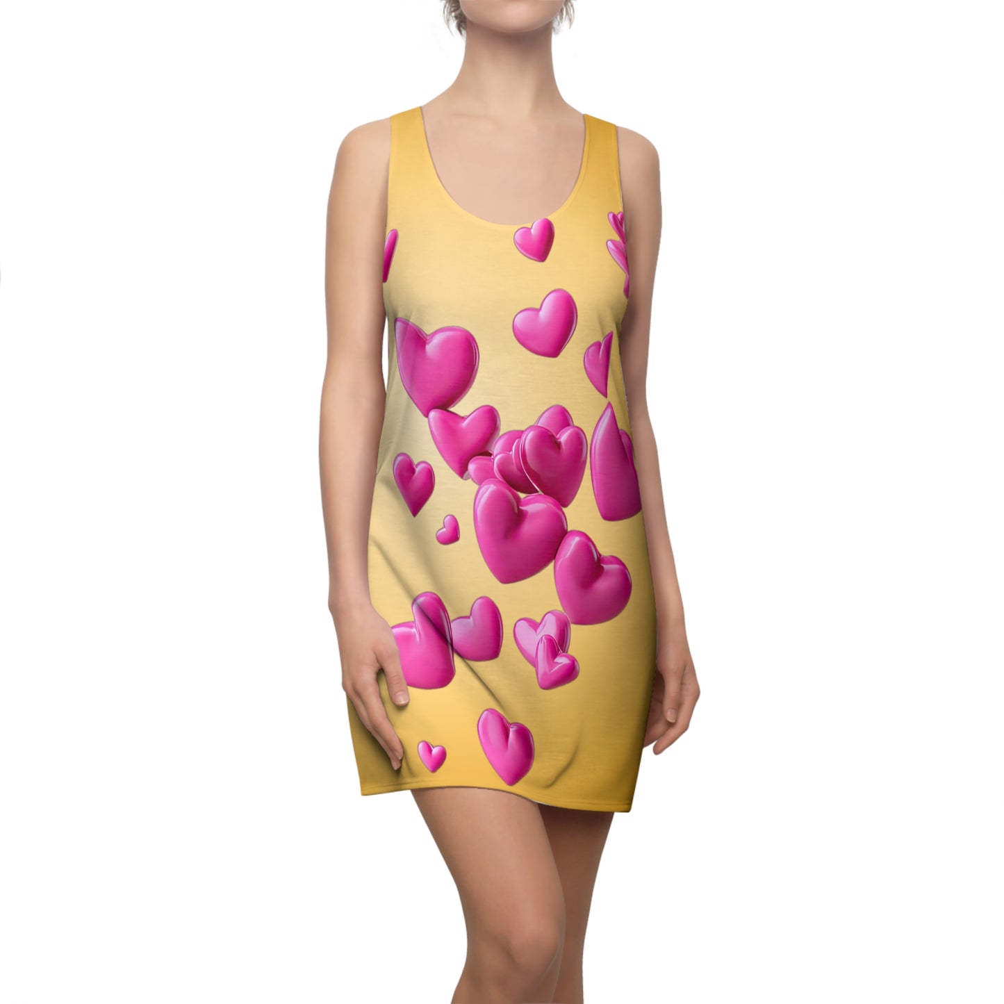 Goldgelbes Racerback Kleid mit pinken 3D Herzen – Farbverlauf