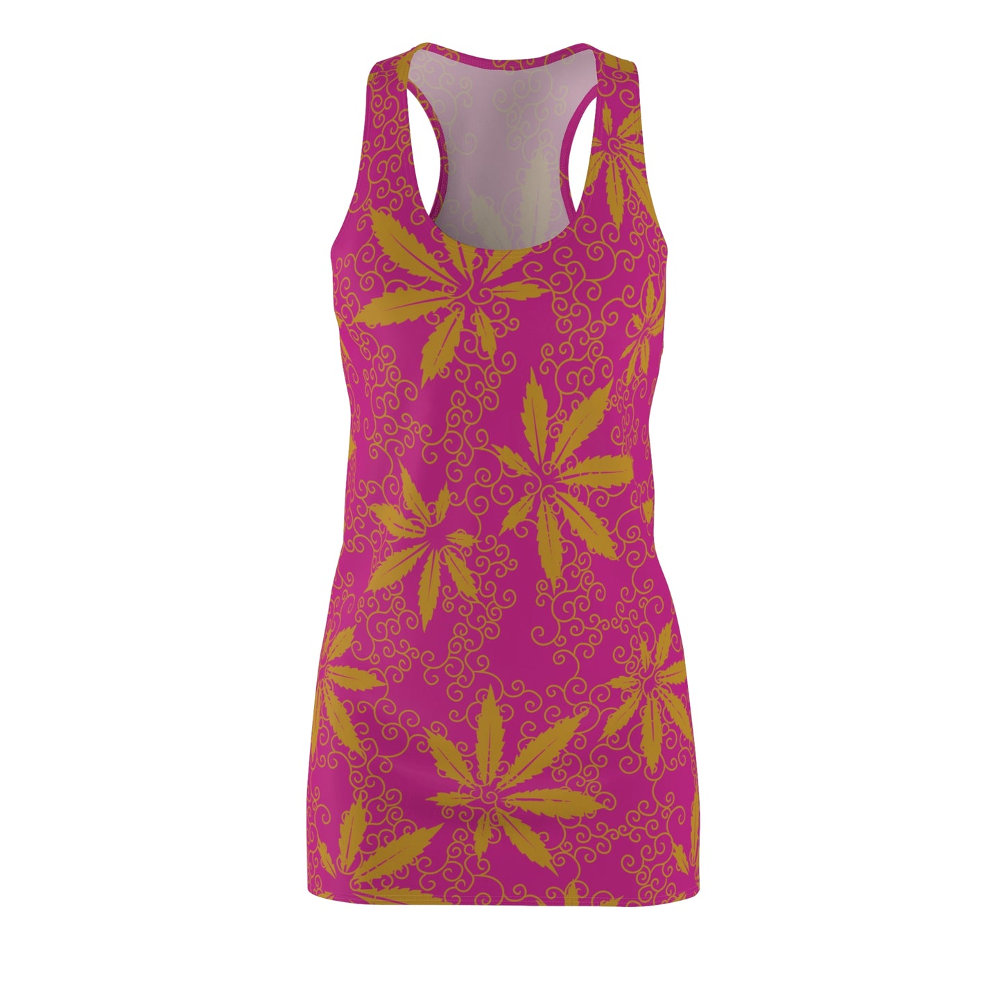 Cannabis Racerback Kleid Damen – Pink Gold Sommerkleid mit Hanfblättern