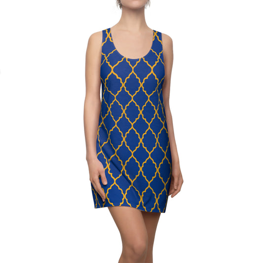 Blaues Racerback Kleid mit goldenem Ornamentmuster