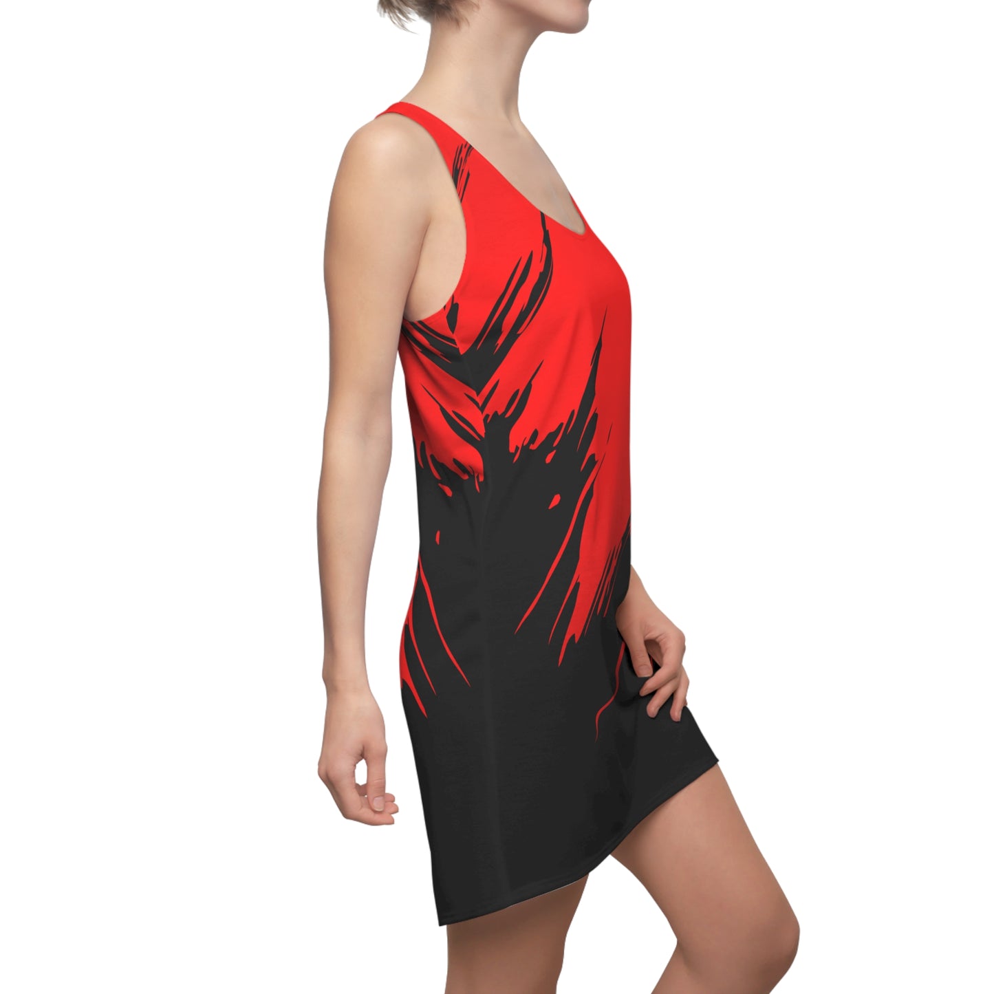 Rotes Racerback Kleid mit schwarzem Brushstroke-Design