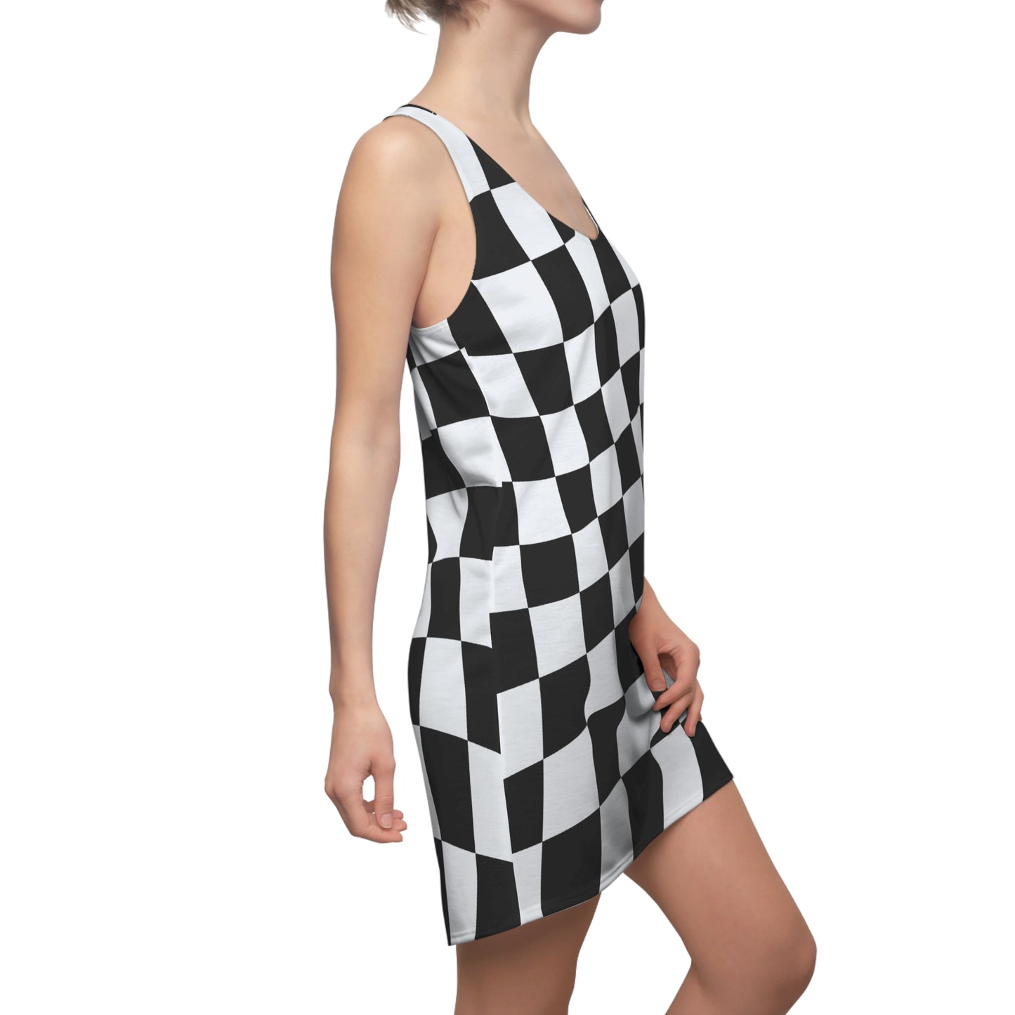 Schwarz Weiß Schachbrett Racerback Kleid – Kurvig Sommerkleid