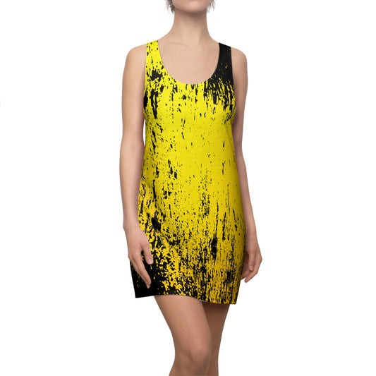Racerback Damenkleid Sommer – Gelb-Schwarzes Abstract-Design, modern