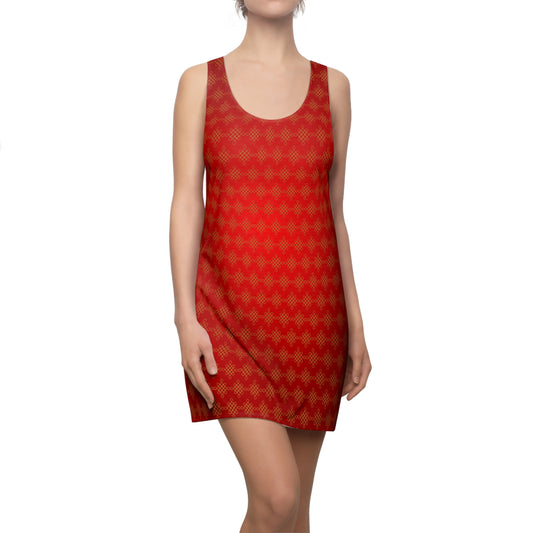 Rotes Damen Sommerkleid mit Farbverlauf und goldenem Muster