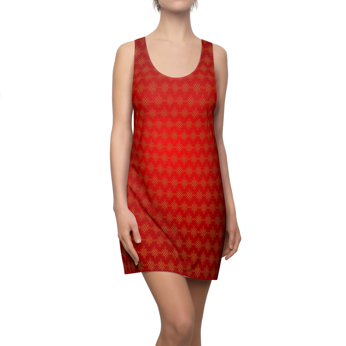 Rotes Damen Sommerkleid mit Farbverlauf und goldenem Muster