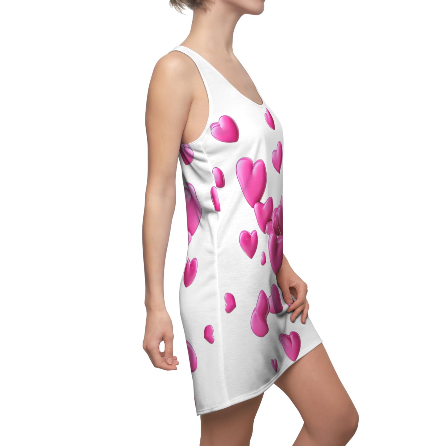 Weißes Racerback Kleid mit pinken 3D Herzen – Love Design