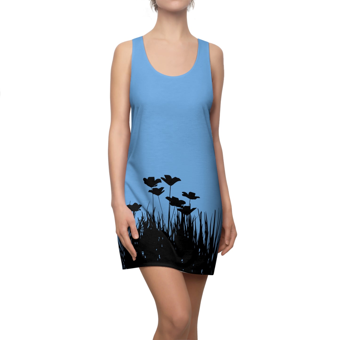 Hellblau Racerback Damenkleid – Botanisches Sommerkleid, Freizeitkleid