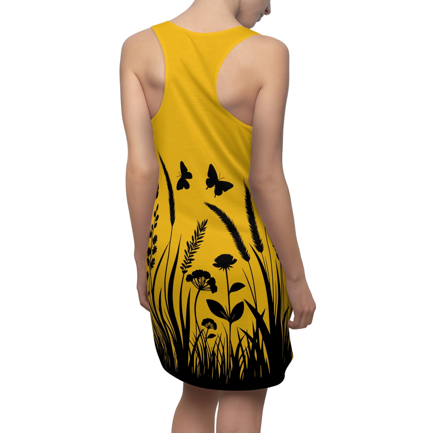 Gelbes Naturmuster Racerback Kleid – Schmetterling & Blumen Design