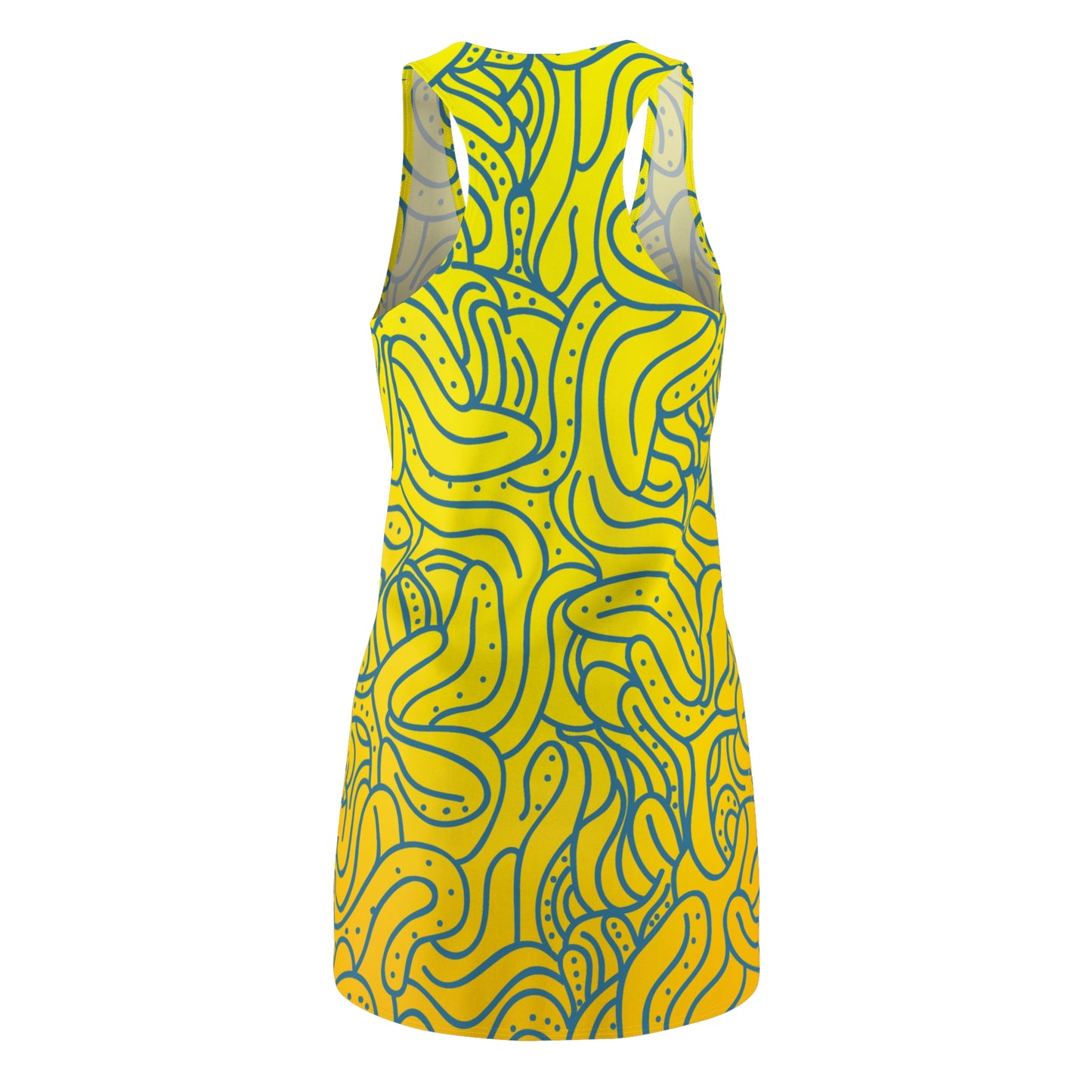 Vibrant Yellow Abstract Print Racerback Dress | Summer Beach Dress | Women’s Sleeveless Casual Dress | Trendy Party Outfit | Bold Graphic Fashion Dress