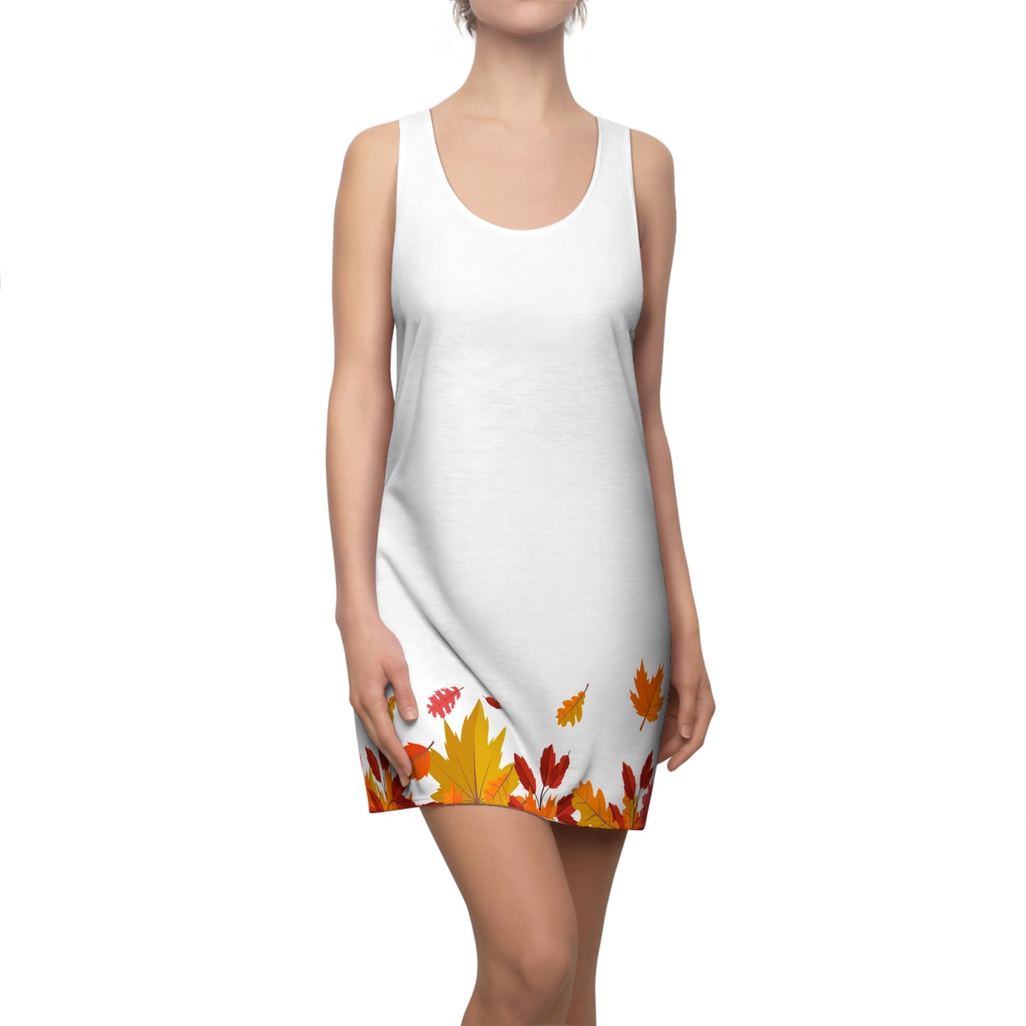 Damen Herbstkleid mit Blätter Muster Weiß Minimal