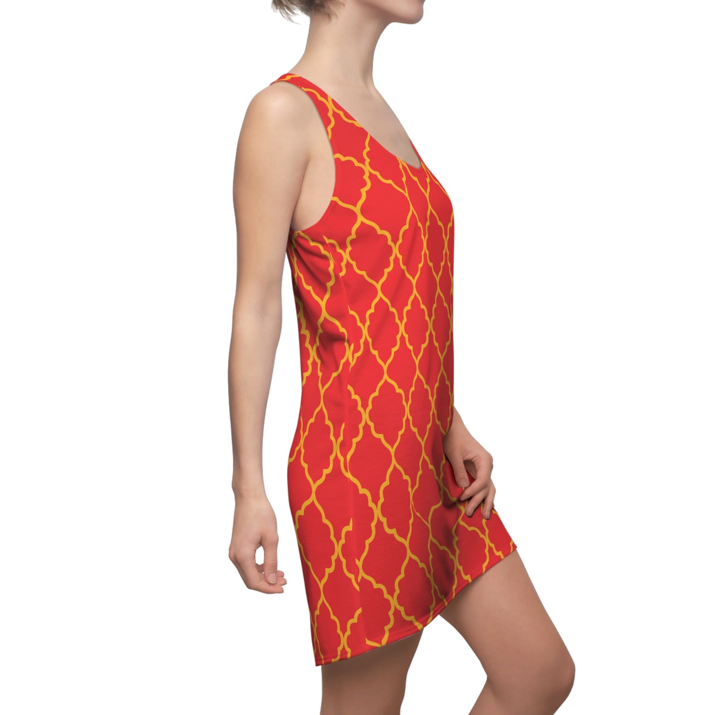 Rotes Racerback Kleid mit goldenem Ornamentmuster