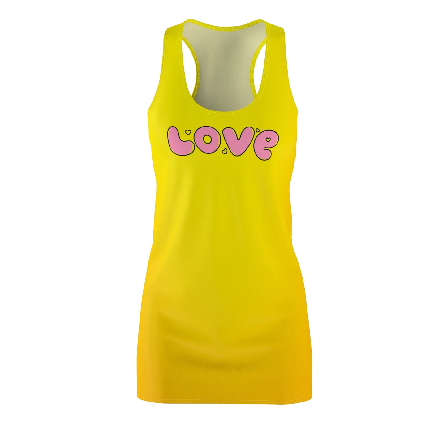 Love Print Yellow Racerback Dress – Süßes Sommerkleid, Casual Outfit, Strandmode, Damen Freizeitkleid, Trendiges Party Dress