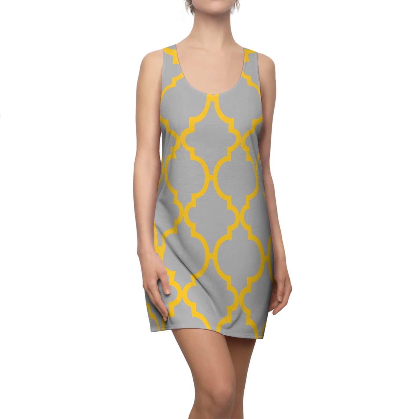 Graues Racerback Kleid mit gelbem Ornamentmuster