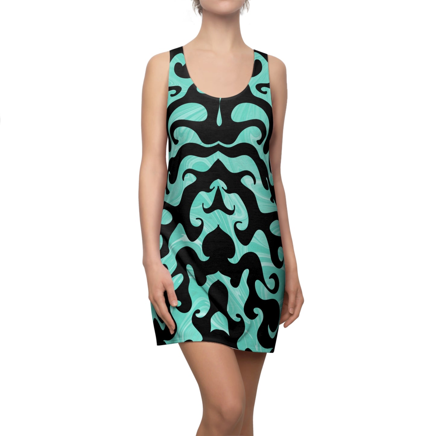 Racerback Kleid mit türkisem Marmormuster und schwarzem Ornamentdesign