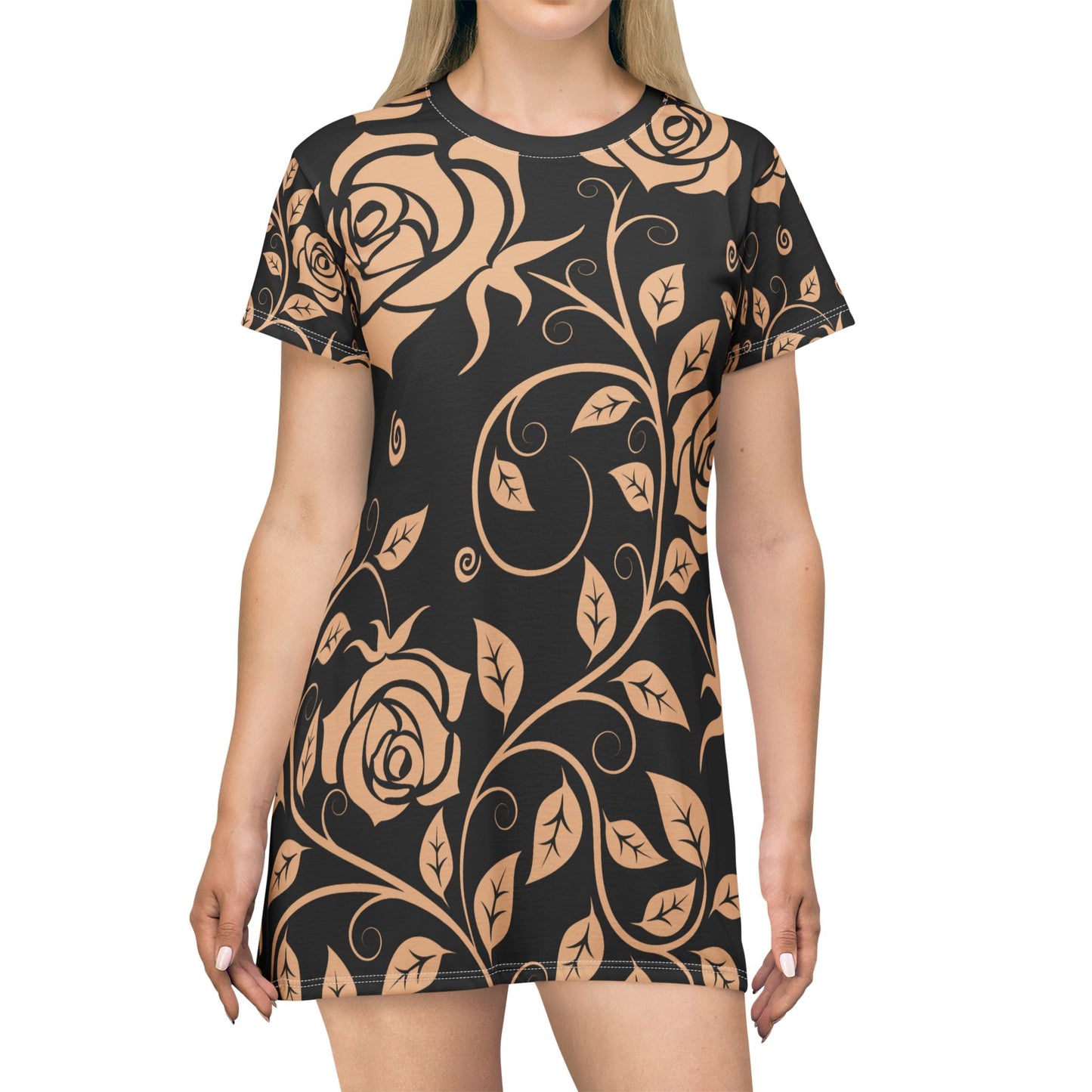 Schwarzer Damen Kleid Blumen T Shirt Style Sommer Boho Casual