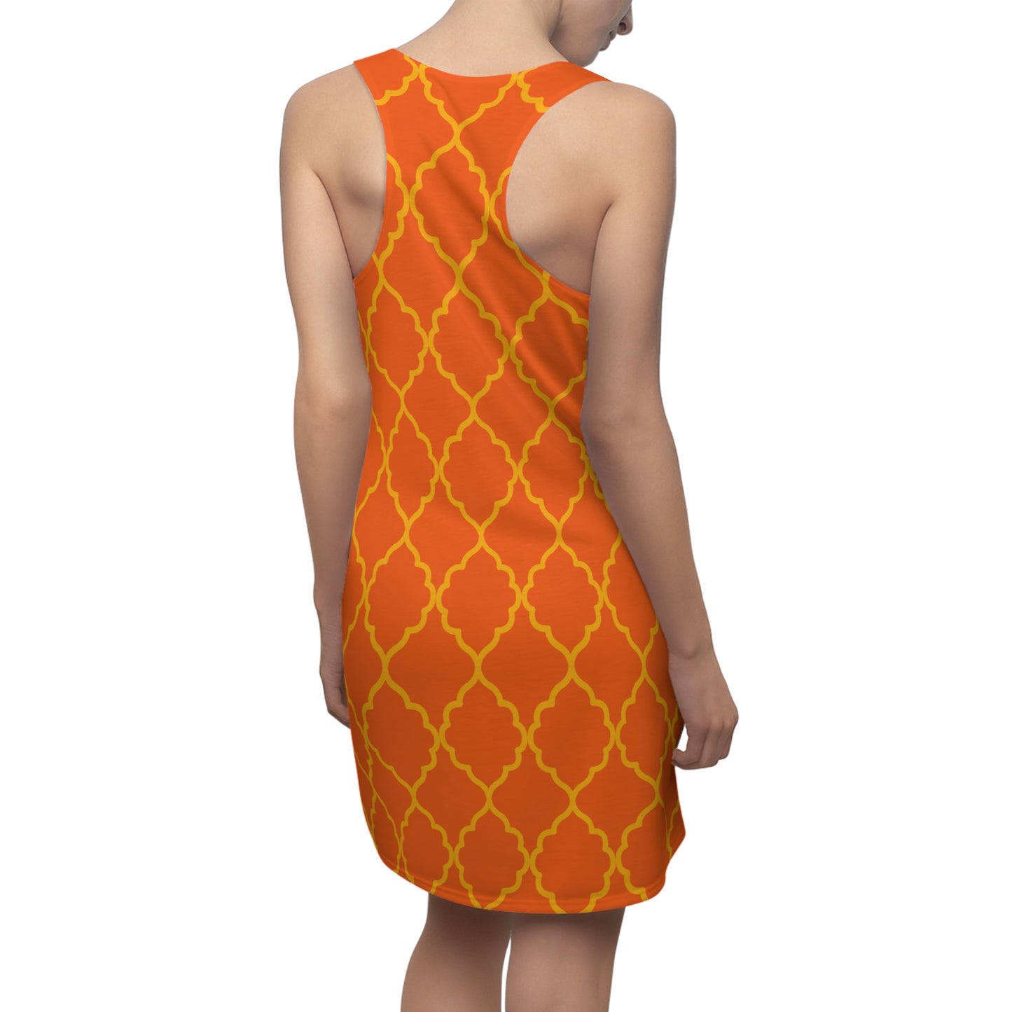 Oranges Racerback Kleid mit goldenem Ornamentmuster