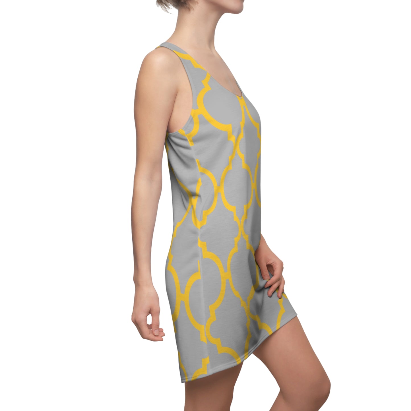 Graues Racerback Kleid mit gelbem Ornamentmuster