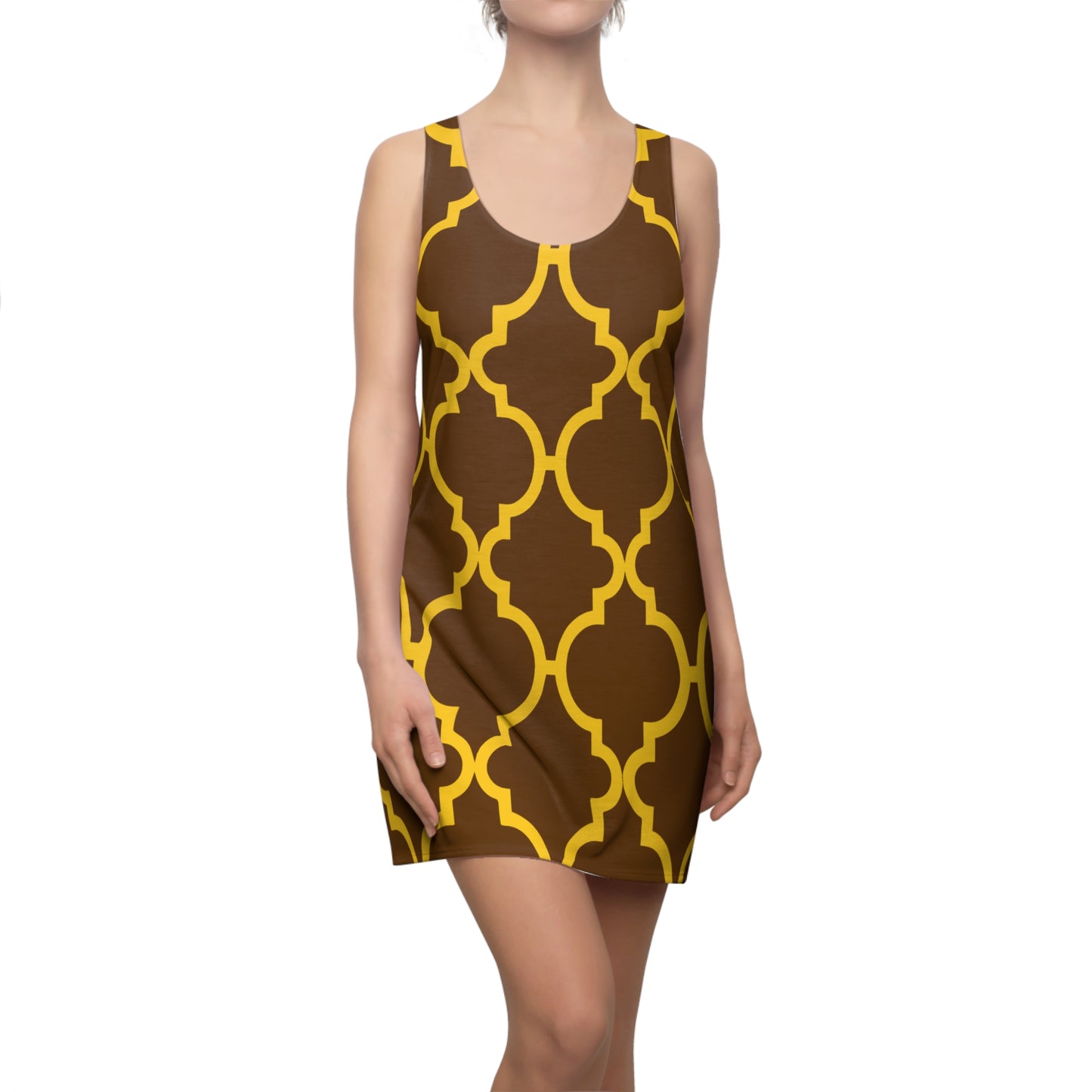 Braunes Racerback Kleid mit gelbem Ornamentmuster
