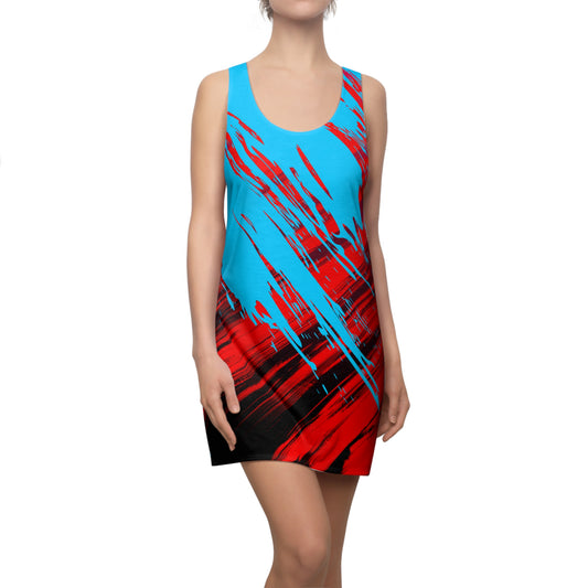 Türkises Racerback Kleid mit rotem Abstract Design