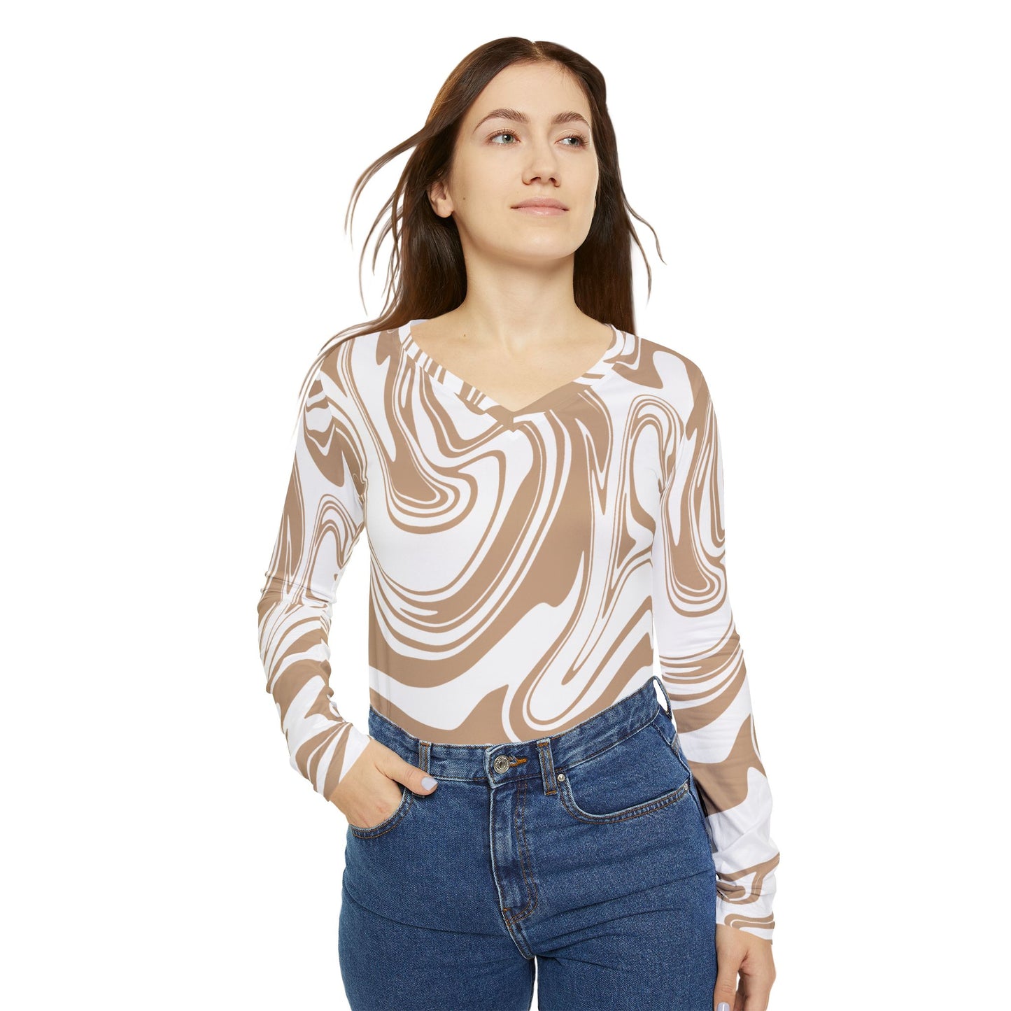 Damen Langarm V-Neck Shirt – Modernes Swirl-Design in Beige & Weiß, Stylisch & Bequem Chic Abstract Long Sleeve V-Neck Shirt, Stylish Top, Trendy Apparel, Women's Fashion, Everyday Wear, Casual Outfit, Gift for Her