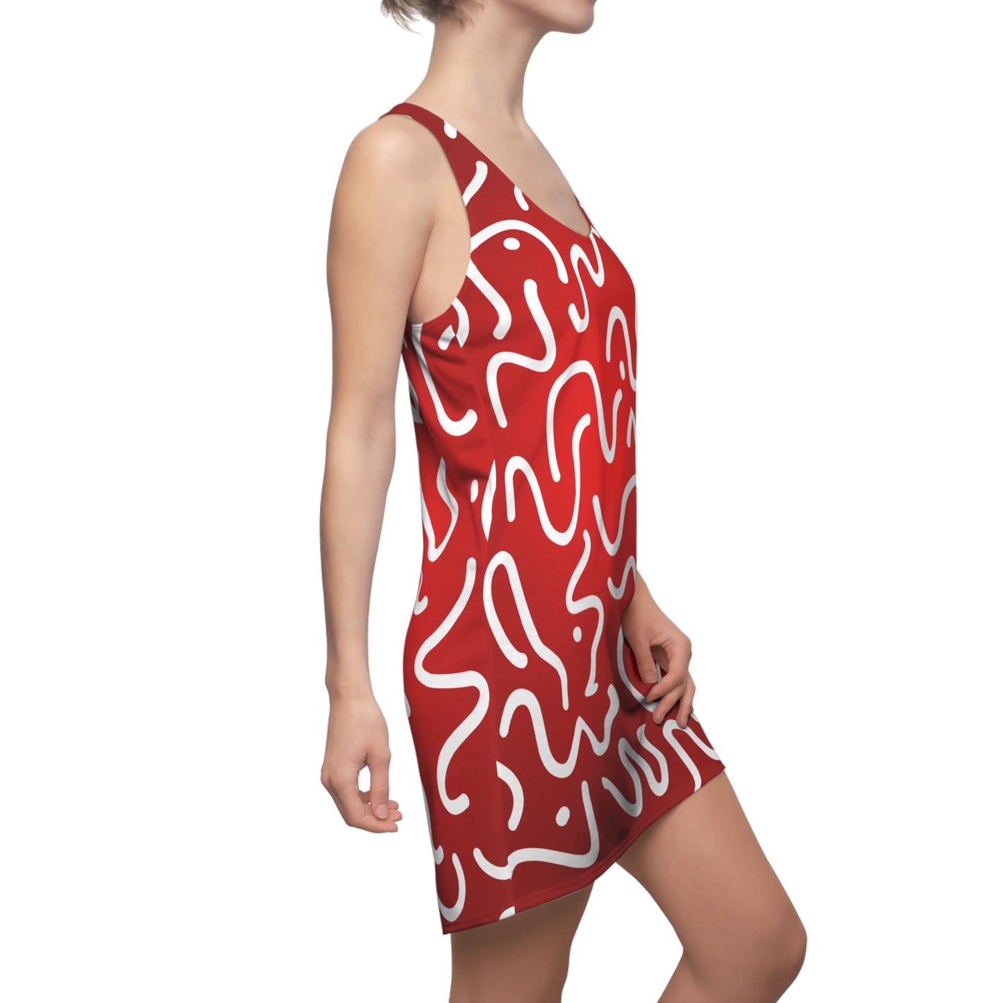 Vibrant Abstract Racerback Dress – Red White Pattern Summer Dress