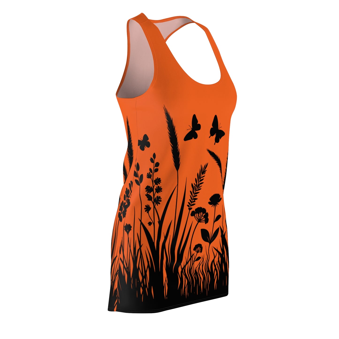 Oranges Naturmuster Racerback Kleid – Schmetterling & Blumen Design