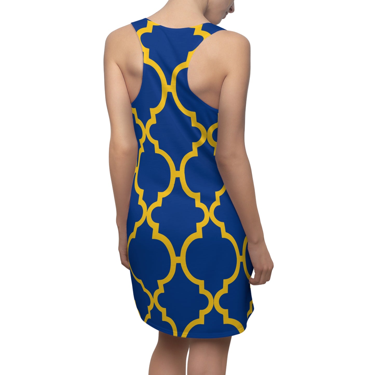 Blaues Racerback Kleid mit gelbem Ornamentmuster