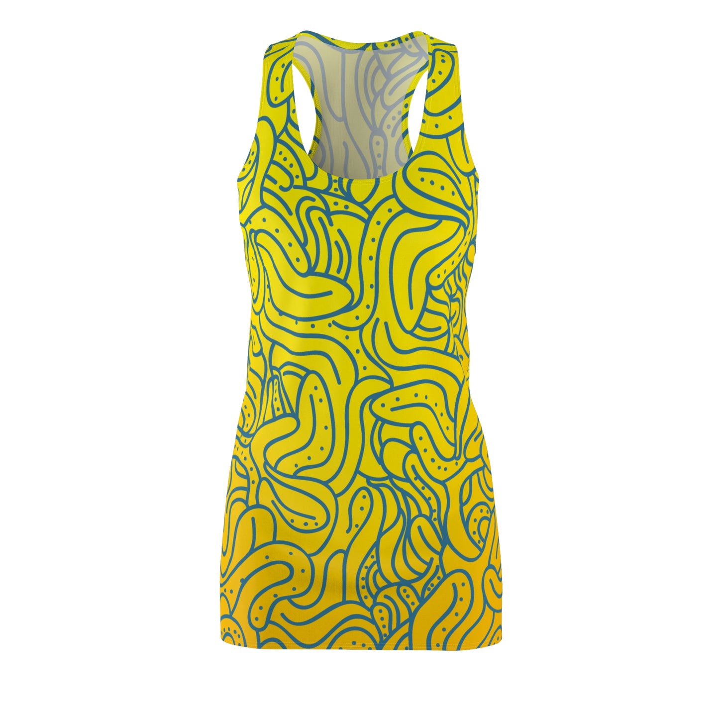 Vibrant Yellow Abstract Print Racerback Dress | Summer Beach Dress | Women’s Sleeveless Casual Dress | Trendy Party Outfit | Bold Graphic Fashion Dress