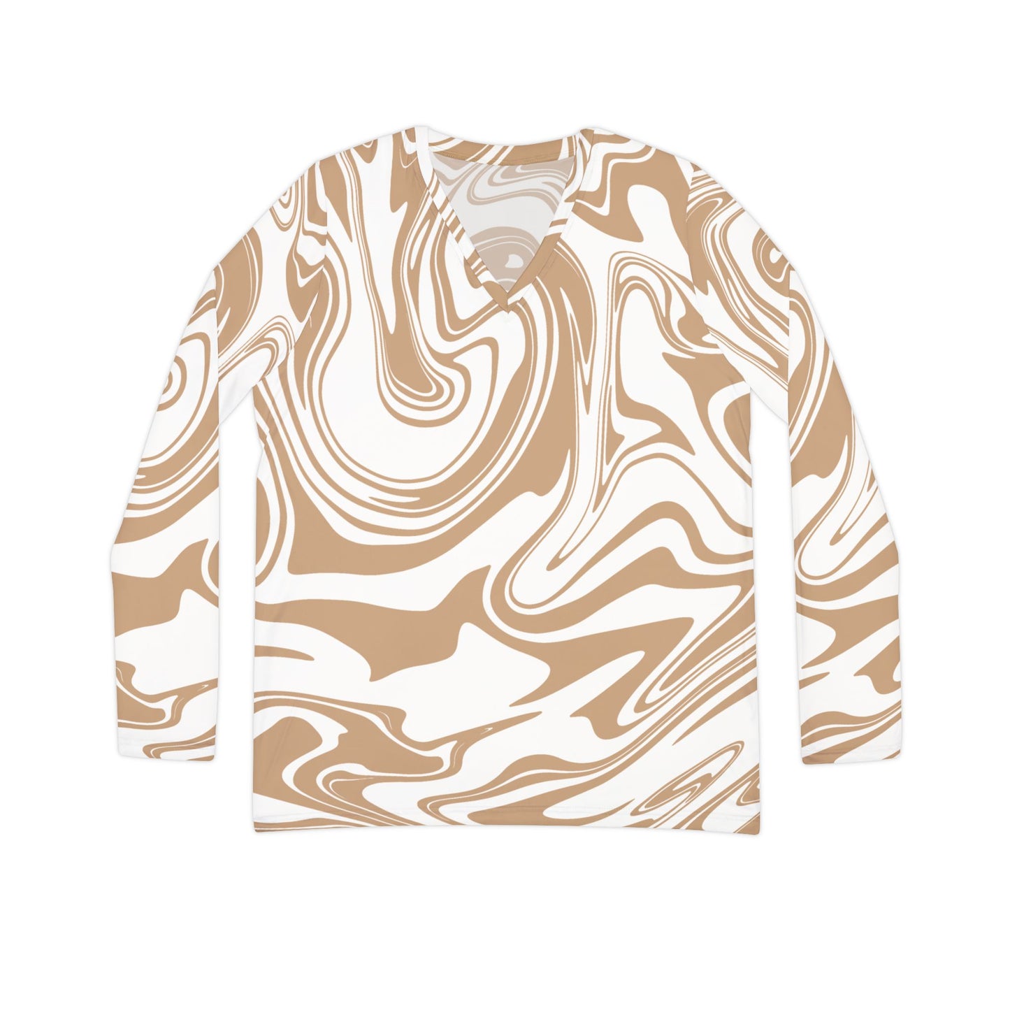 Damen Langarm V-Neck Shirt – Modernes Swirl-Design in Beige & Weiß, Stylisch & Bequem Chic Abstract Long Sleeve V-Neck Shirt, Stylish Top, Trendy Apparel, Women's Fashion, Everyday Wear, Casual Outfit, Gift for Her