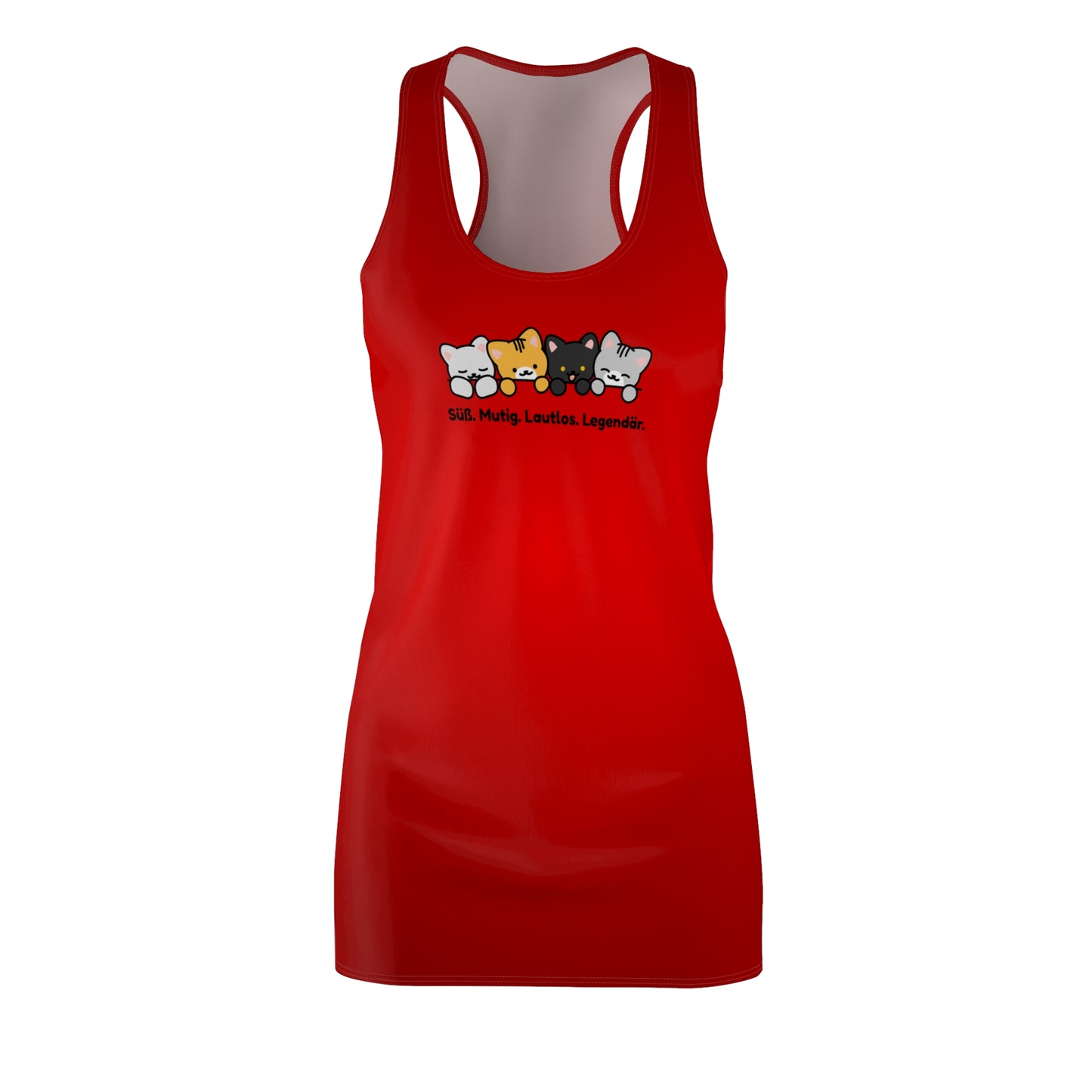 Rotes Racerback Kleid mit Katzen Motiv und Statement Print