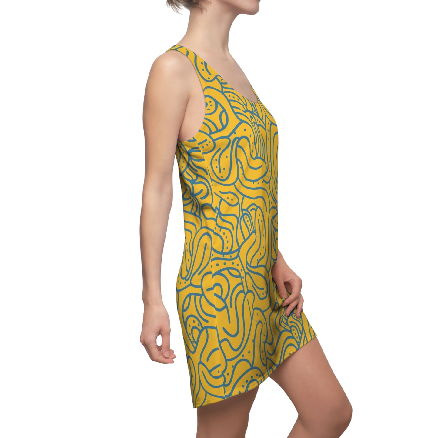 Racerback Kleid Blau Orange – Modernes Wellenmuster