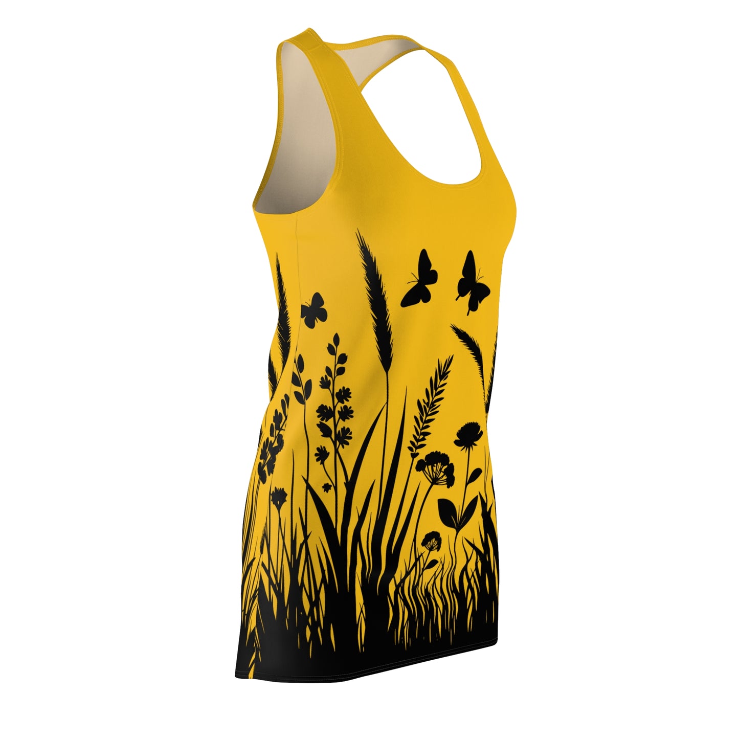 Gelbes Naturmuster Racerback Kleid – Schmetterling & Blumen Design