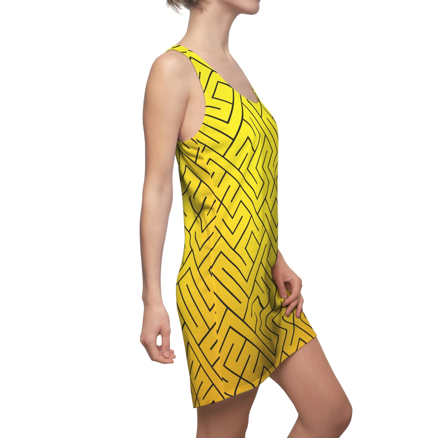 Gelbes Racerback Kleid – Sommerkleid mit modernem Labyrinth-Muster