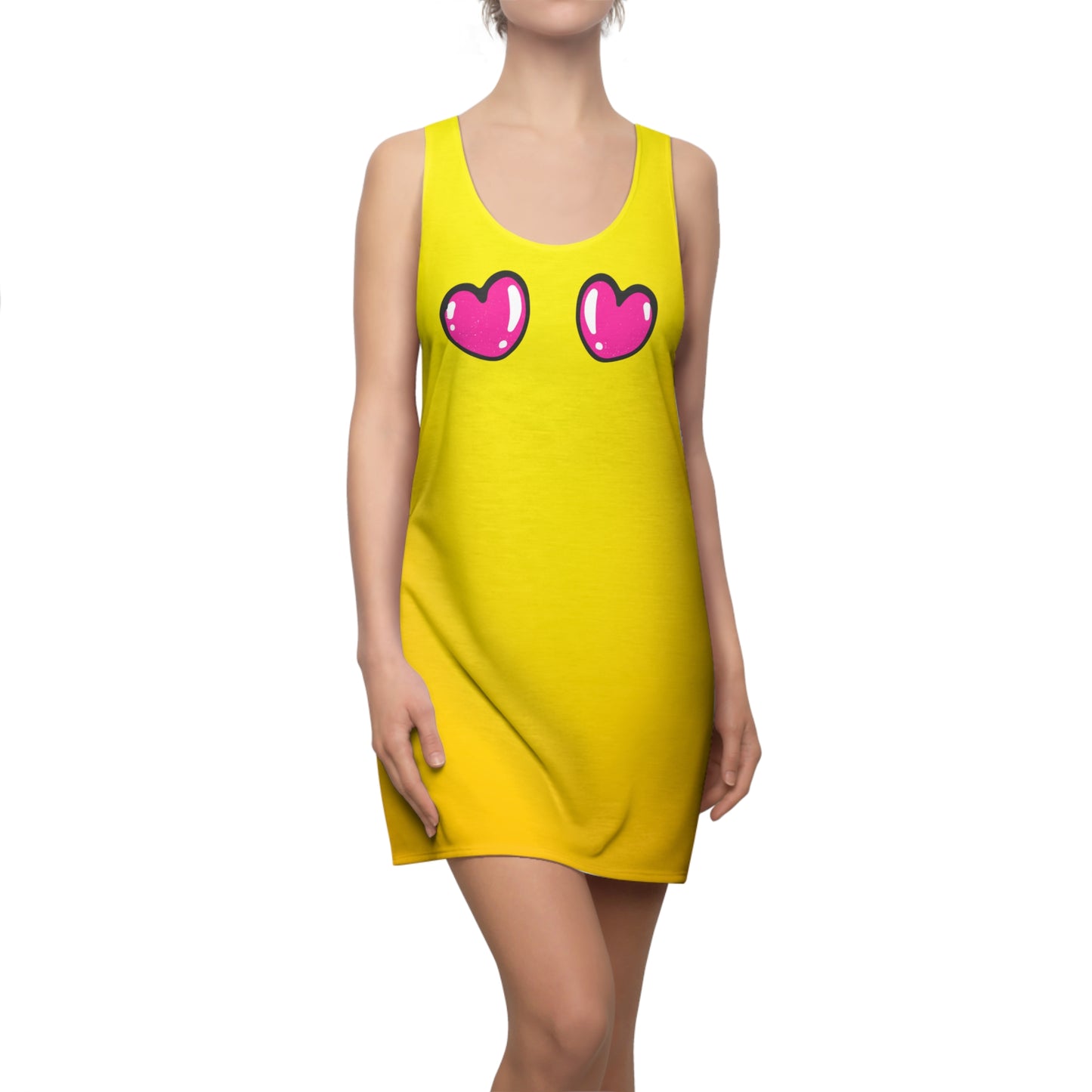 Gelbes Farbverlauf Racerback Kleid mit pinken Comic Herzen