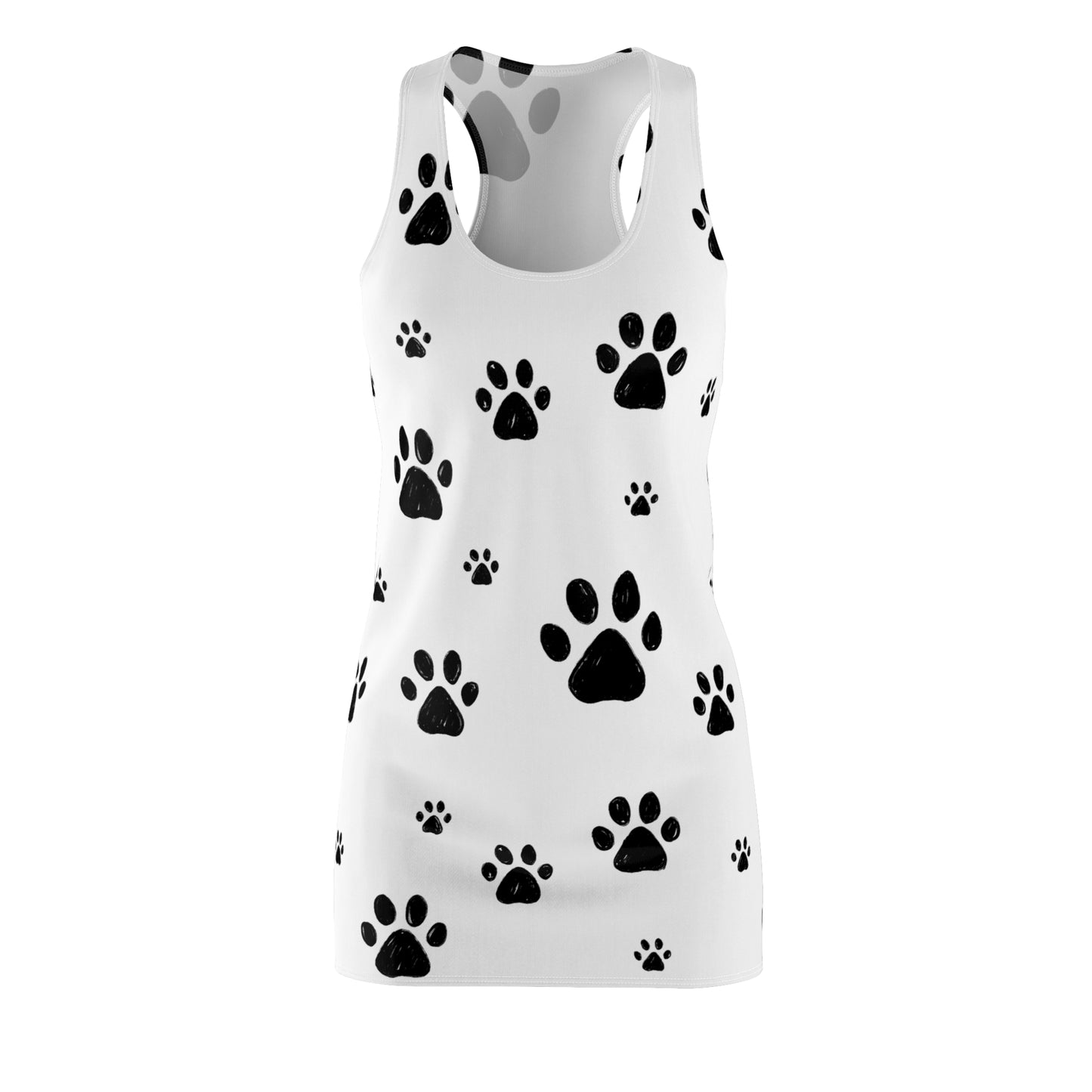Weißes Racerback Kleid mit schwarzen Pfotenabdrücken