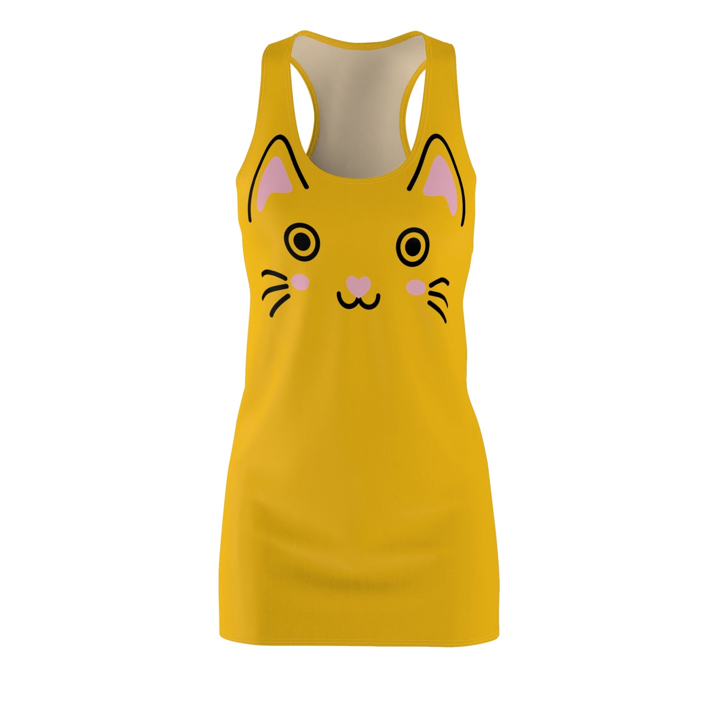 Gelbes Racerback Kleid mit Kawaii Katzenface Design