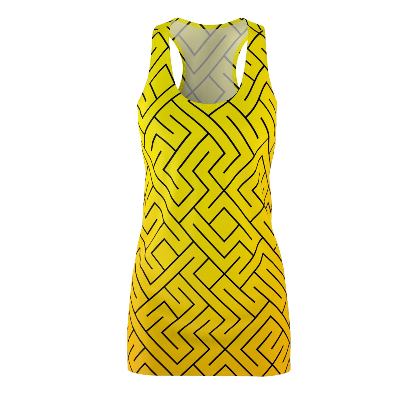 Gelbes Racerback Kleid – Sommerkleid mit modernem Labyrinth-Muster
